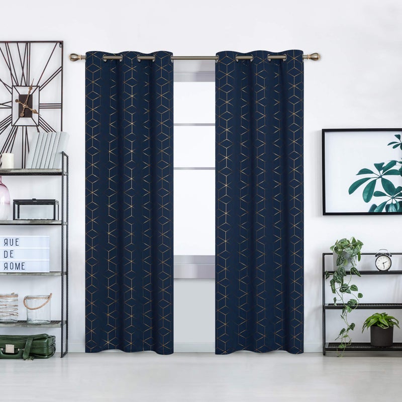 Deconovo Grommet Blackout Curtains, Room Darkening Gold Diamond Drapes, 2 Panels, Navy Blue, 52W x 84L Inch, for Bedroom and Living Room - Image 2